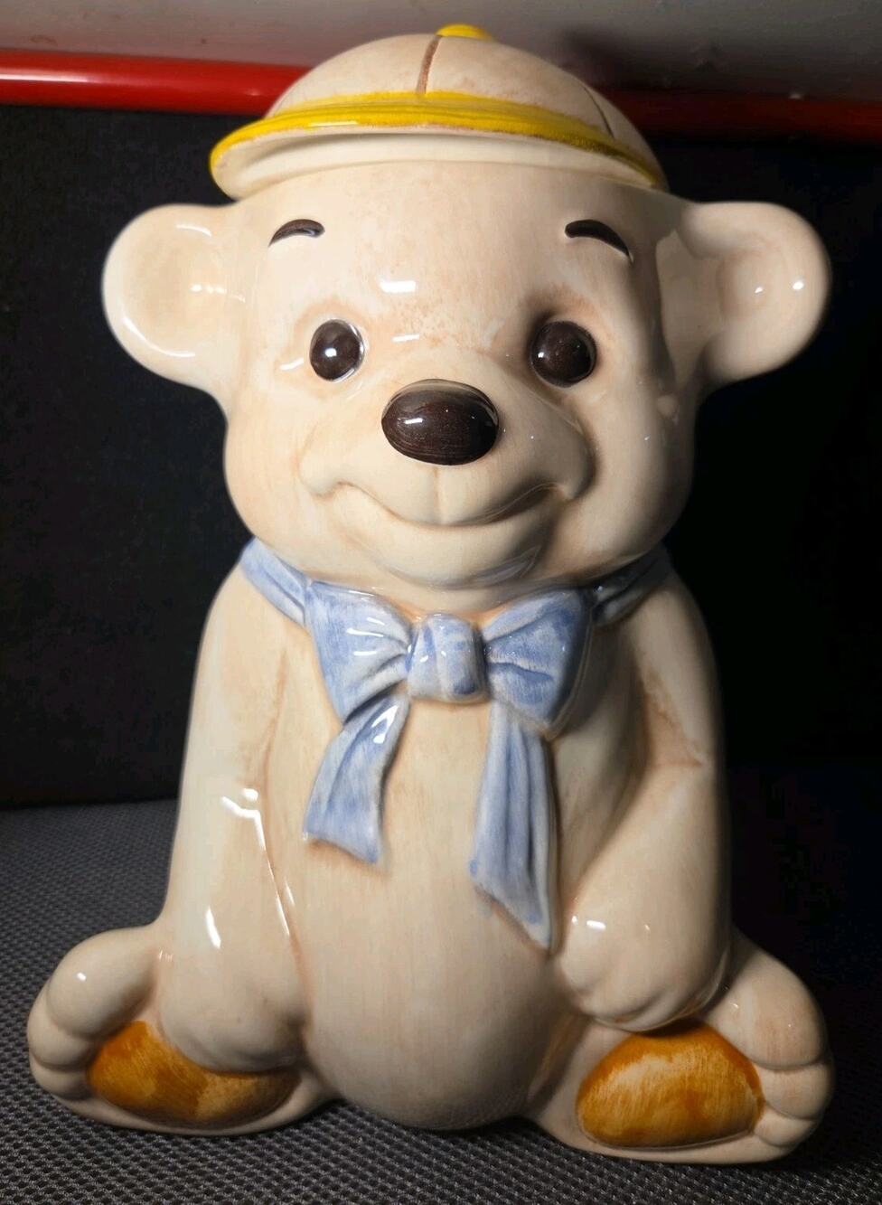 Vintage Treasure Craft Teddy Bear Cookie Jar Baseball Cap Blue Bowtie USA